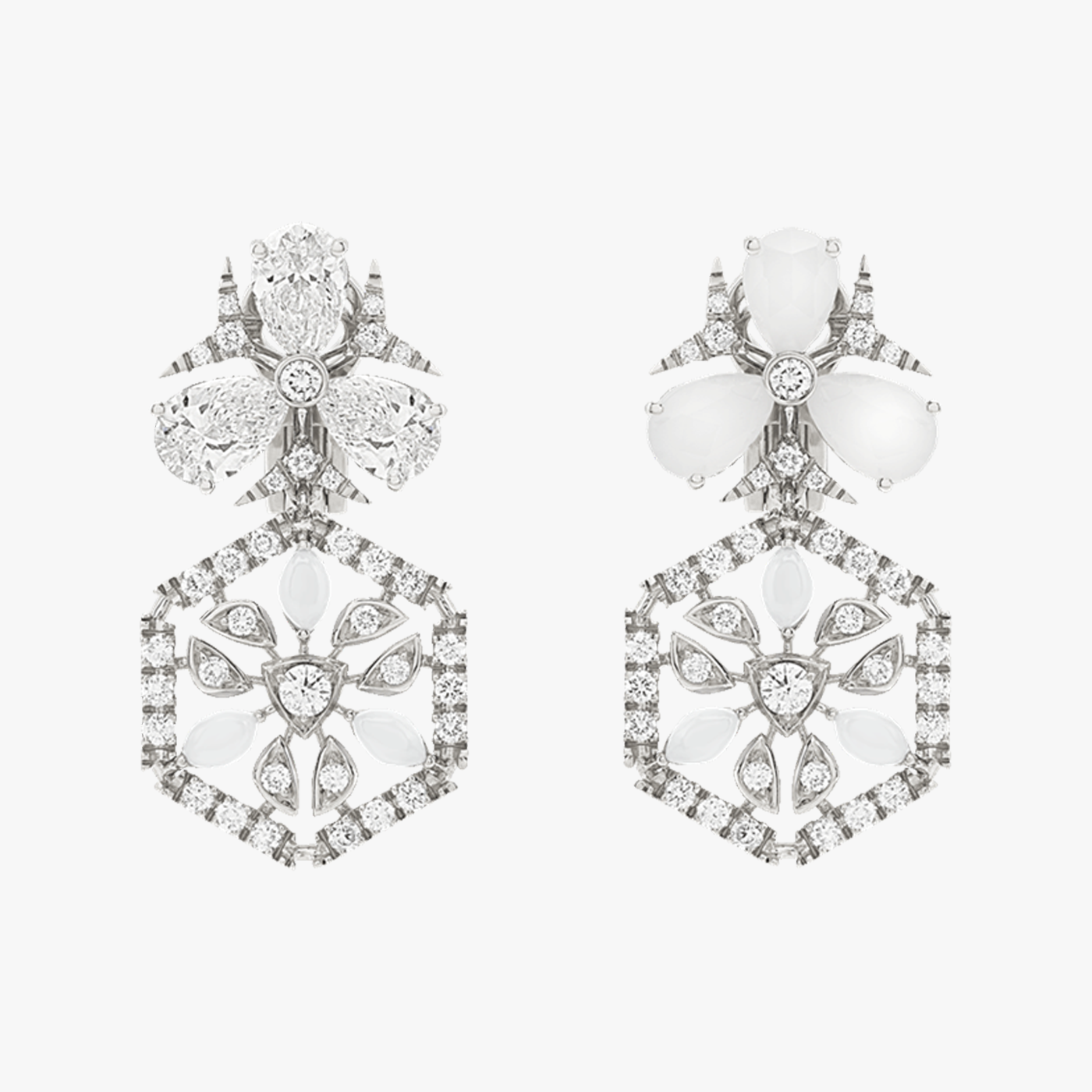 Chantecler Caleidoscopio Lobe Earrings in 18kt White Gold with Diamonds, Milky Agate & Kogolong