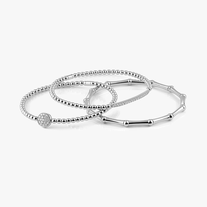 Al Coro Bamboo Stretchy Bracelets in 18k White Gold with diamonds group of three bamboo