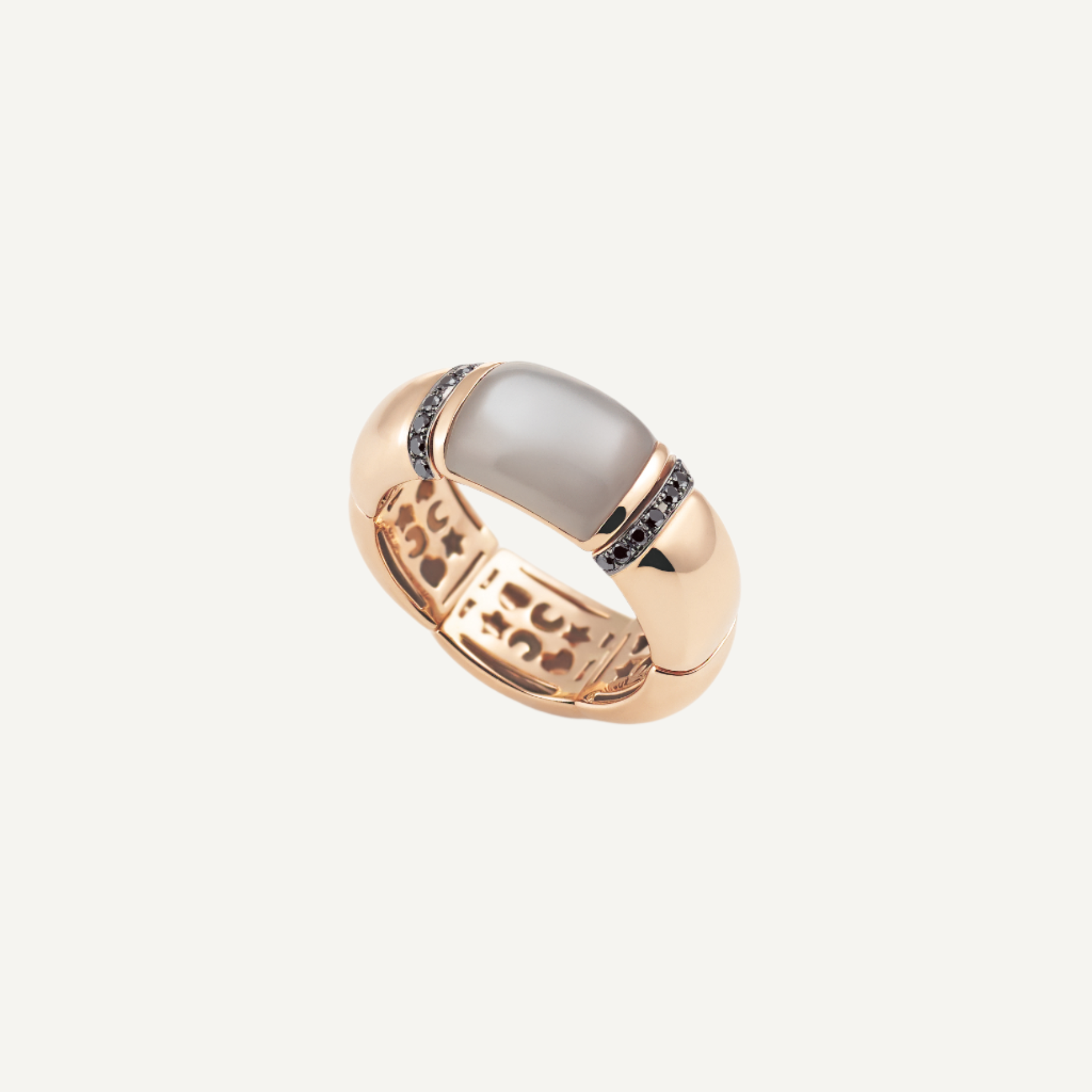Al Coro La Piazza Ring Grey Moonstone Ring with Black Sapphire Detail in 18k Gold