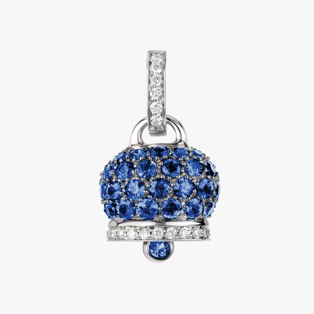 Crafted in 18kt white gold, this medium Campanelle pendant is adorned with luminous pavé blue sapphires and brilliant-cut diamonds, creating a vivid contrast of colour and light