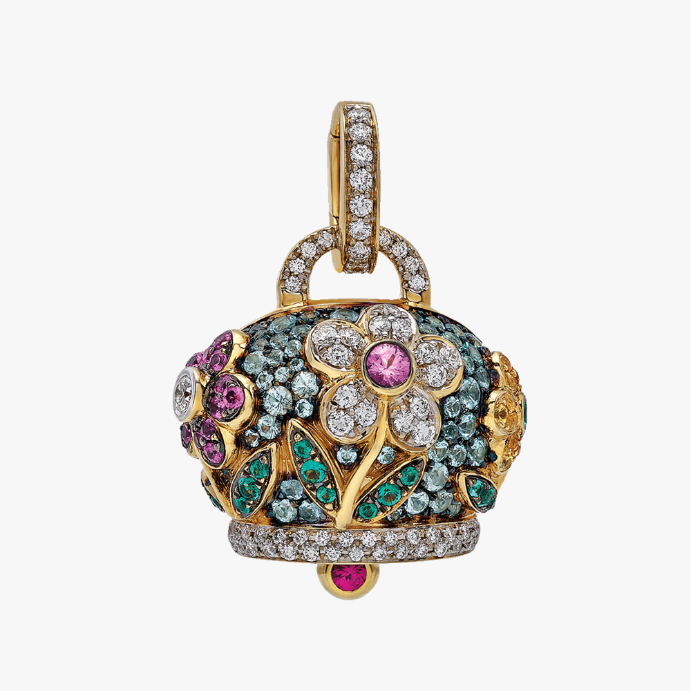 Chantecler Campanelle Flowers charm in 18kt yellow gold with Paraiba tourmaline, diamonds and coloured gemstones. Handcrafted in Italy. Discover at Orsini Fine Jewellery Auckland.
