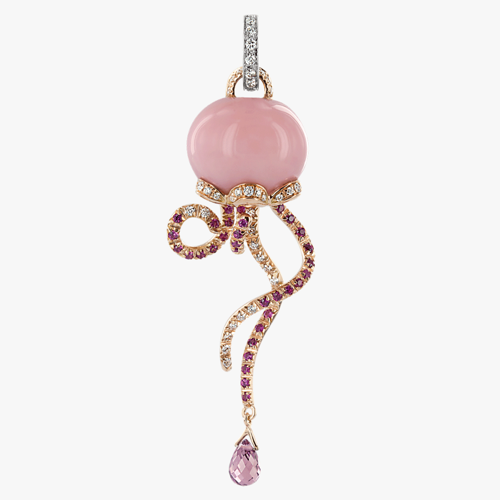 The Chantecler Campanelle Jellyfish Charm is handcrafted in 18kt rose and white gold and adorned with luminous pink opal, vibrant pink sapphires and brilliant diamonds. Inspired by the graceful movement of Mediterranean jellyfish, this sculptural design showcases Chantecler's artistry through exceptional Italian craftsmanship.