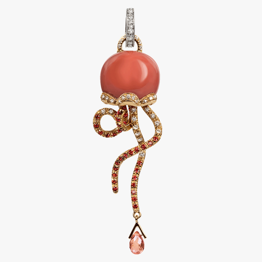 Chantecler Campanelle Jellyfish charm in 18kt yellow and white gold with orange sapphires, coral and diamonds. Handcrafted in Italy. Discover at Orsini Fine Jewellery Auckland.