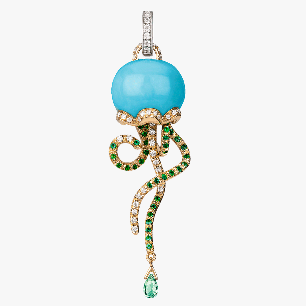 Chantecler Campanelle Jellyfish charm in 18kt yellow and white gold with turquoise, emeralds, sapphires and diamonds. Handcrafted in Italy. Discover at Orsini Fine Jewellery Auckland.