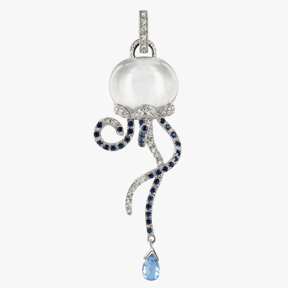 Chantecler Campanelle Jellyfish Pendant with Diamonds, Sapphires and Sunflower Quartz in 18kt White Gold
