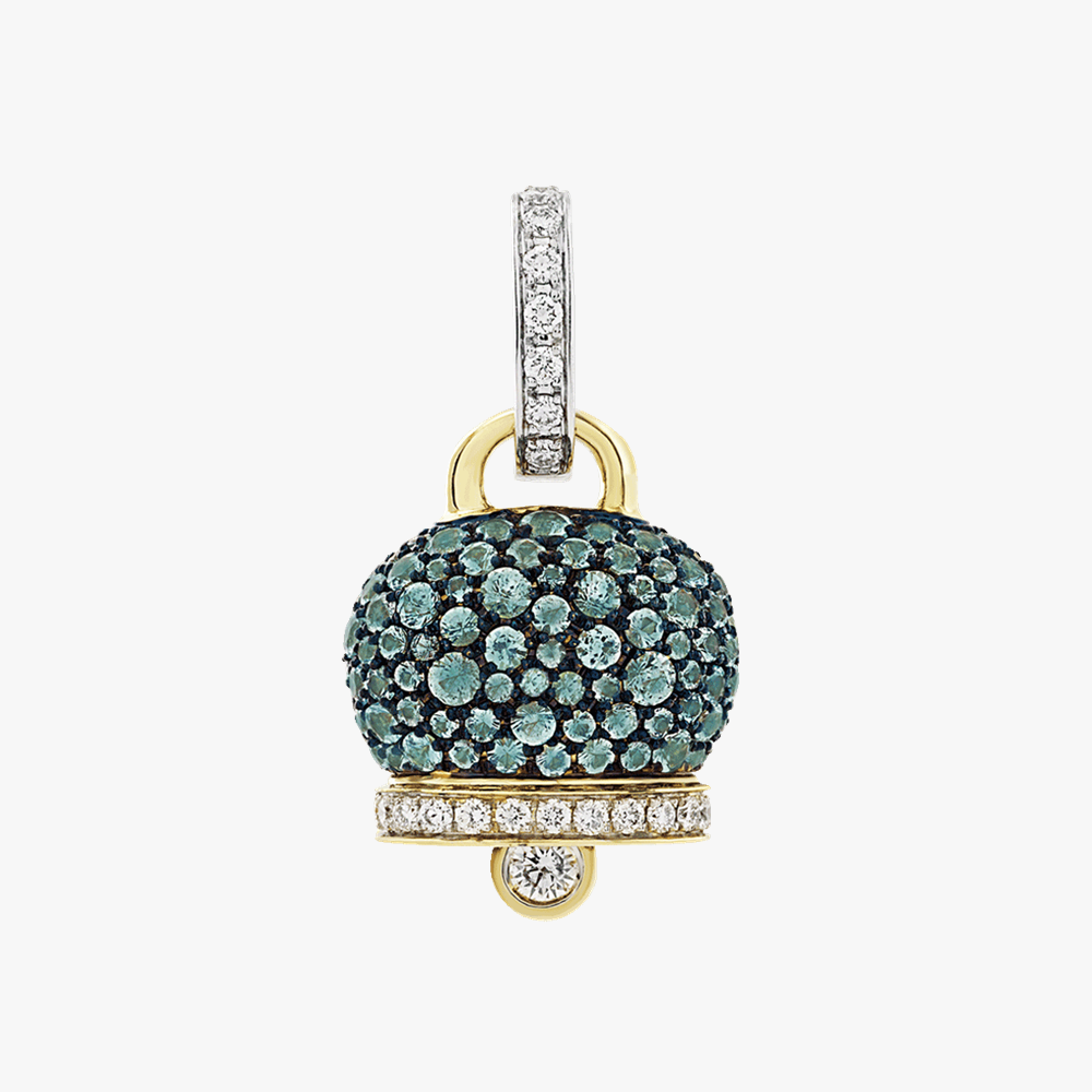 Chantecler Campanelle medium charm in 18kt yellow and white gold with Paraiba tourmaline and diamonds. Handcrafted in Italy. Discover at Orsini Fine Jewellery Auckland.