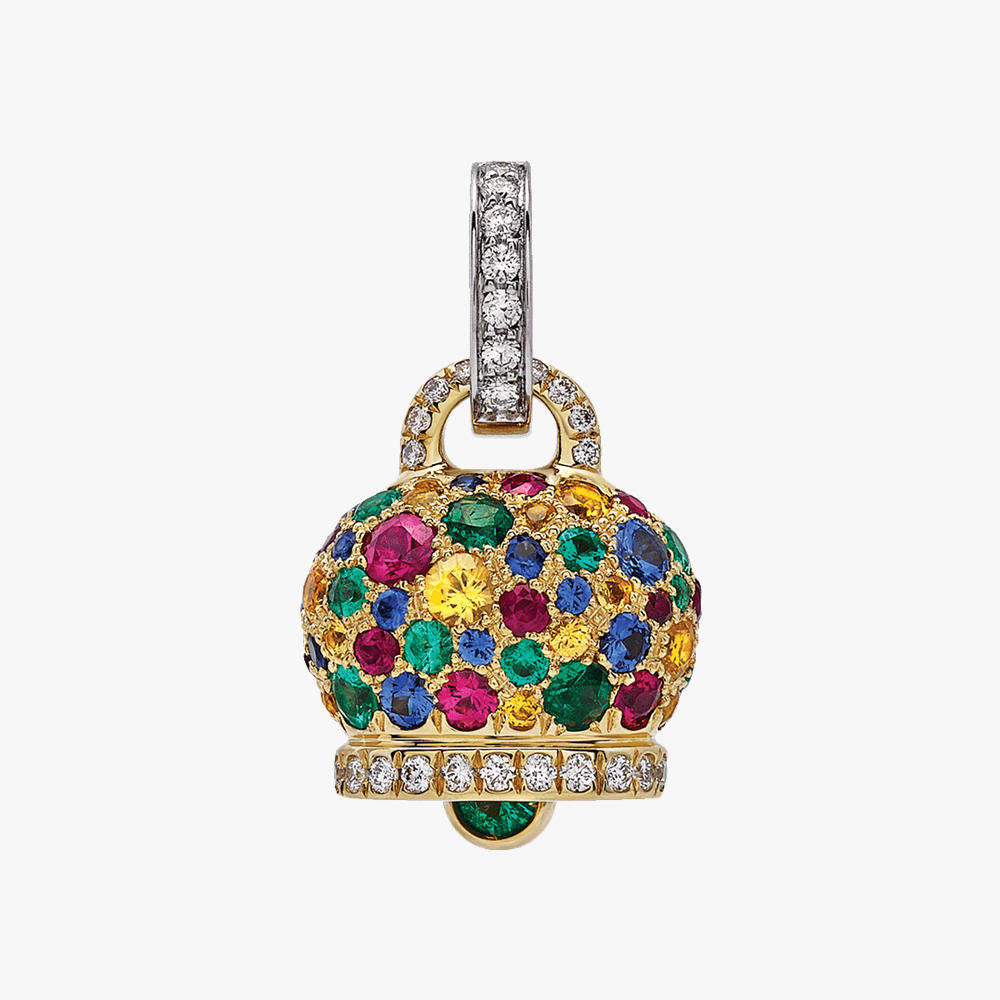 Chantecler Campanelle Mosaico charm in 18kt yellow and white gold with diamonds, emeralds, rubies and sapphires. Handcrafted in Italy. Available at Orsini Fine Jewellery Auckland.