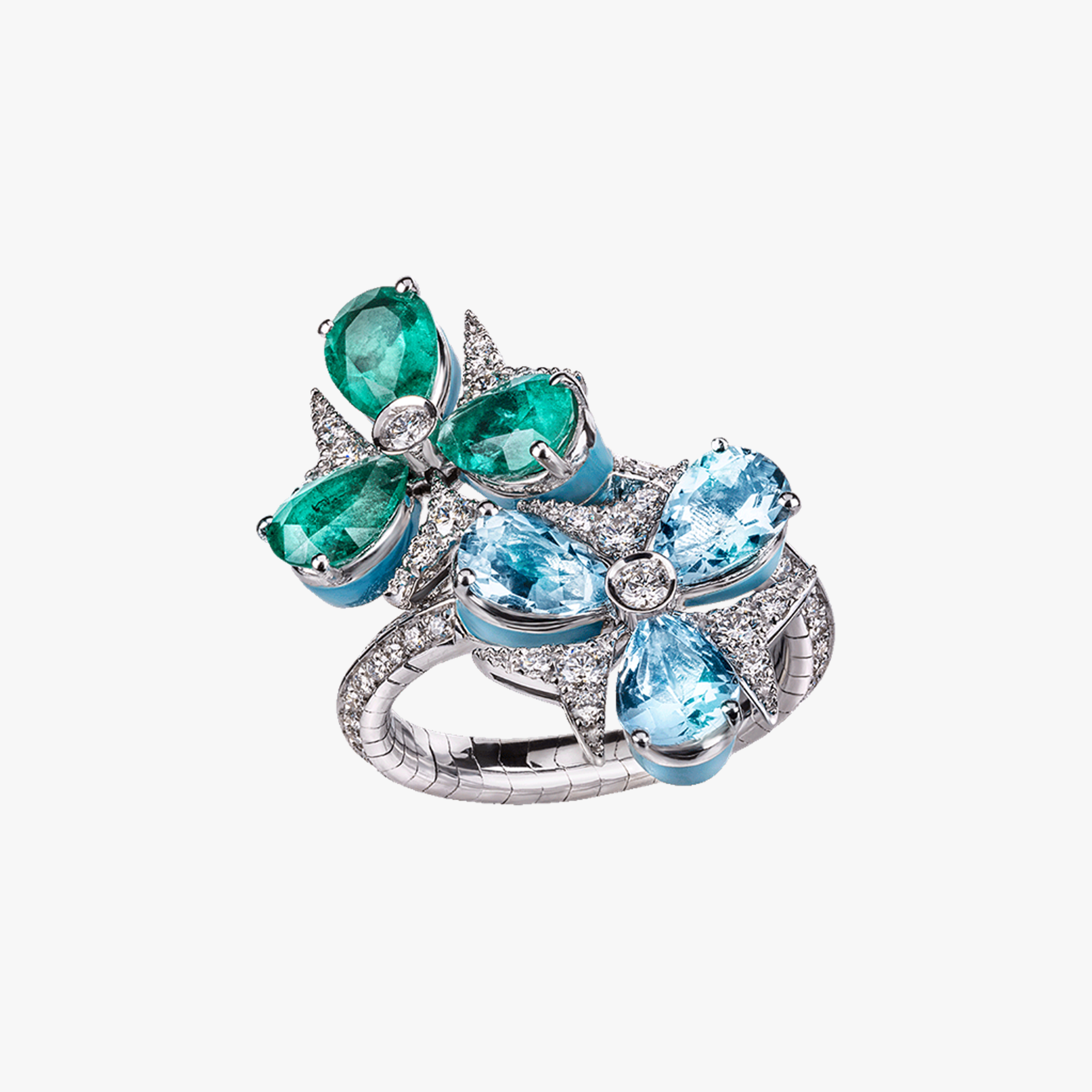 Chantecler Caleidoscopio Contarie Ring in 18kt White Gold with Diamonds, Emeralds, Aquamarine & Turquoise