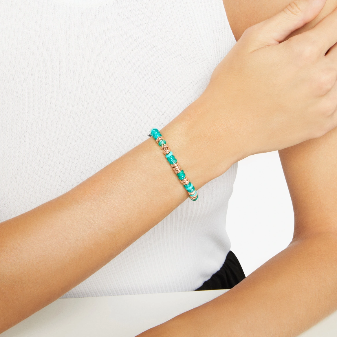 dodo rondelle necklace in 9kt rose gold with recycled plastic beads teal