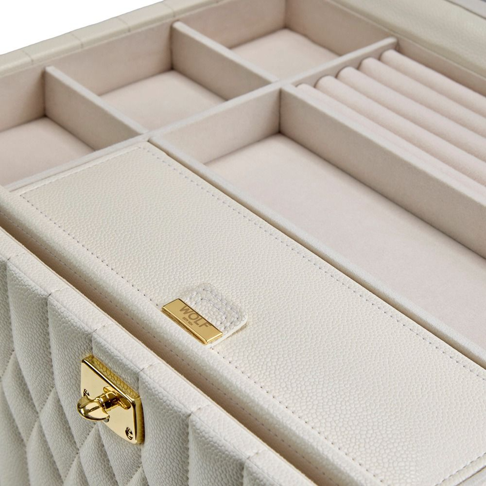 Large Cream Jewellery Box. Finished in smooth premium vegan leather with refined geometric stitch detailing, it reflects WOLF's heritage of creating luxury storage solutions since 1834.