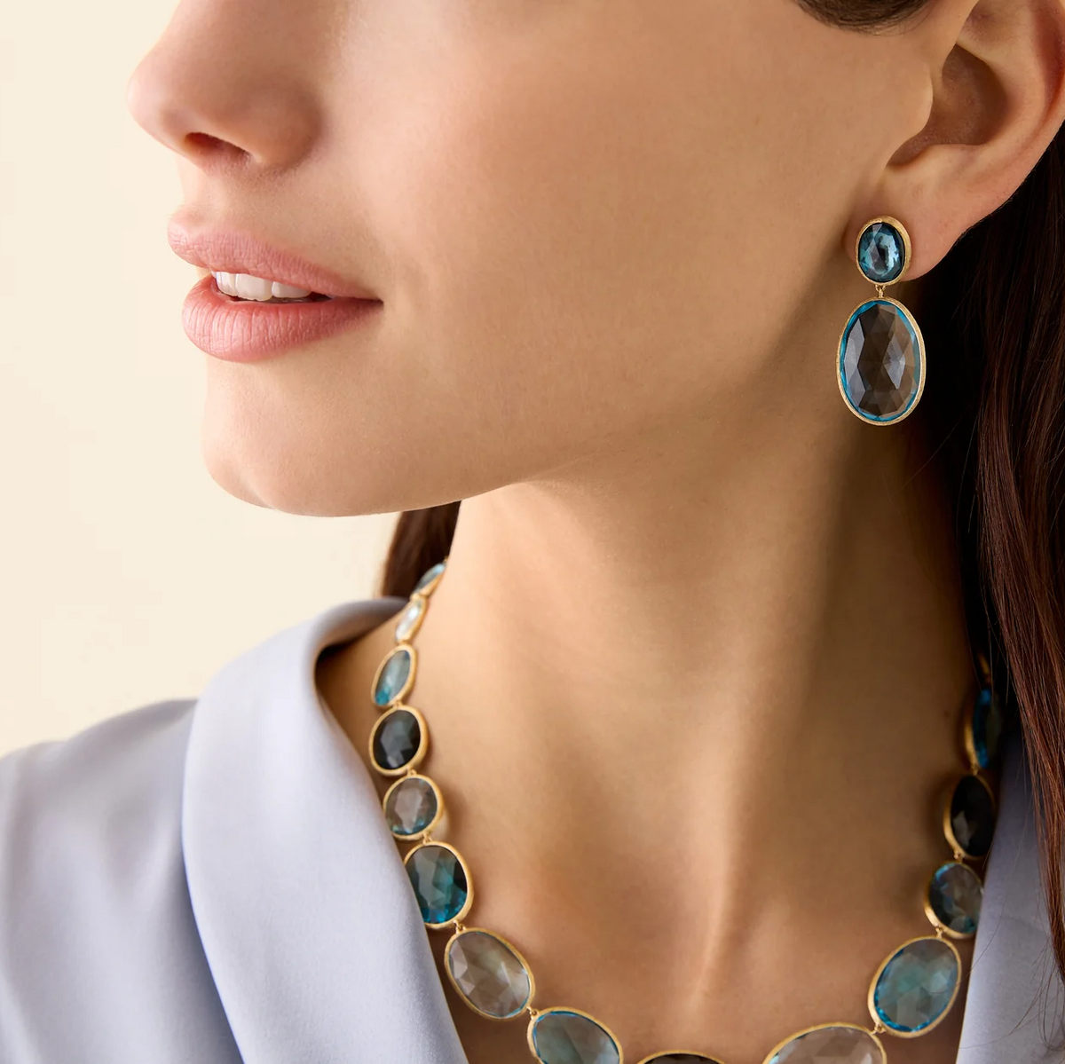 Marco Bicego Blue Topaz Gemstone Earrings on model
