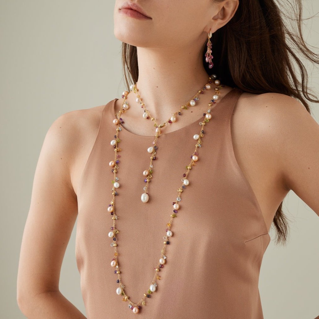 Marco Bicego Paradise Necklace in 18k Yellow Gold with Mixed Gemstone, Diamonds and Pearls CB2586 B MIX114