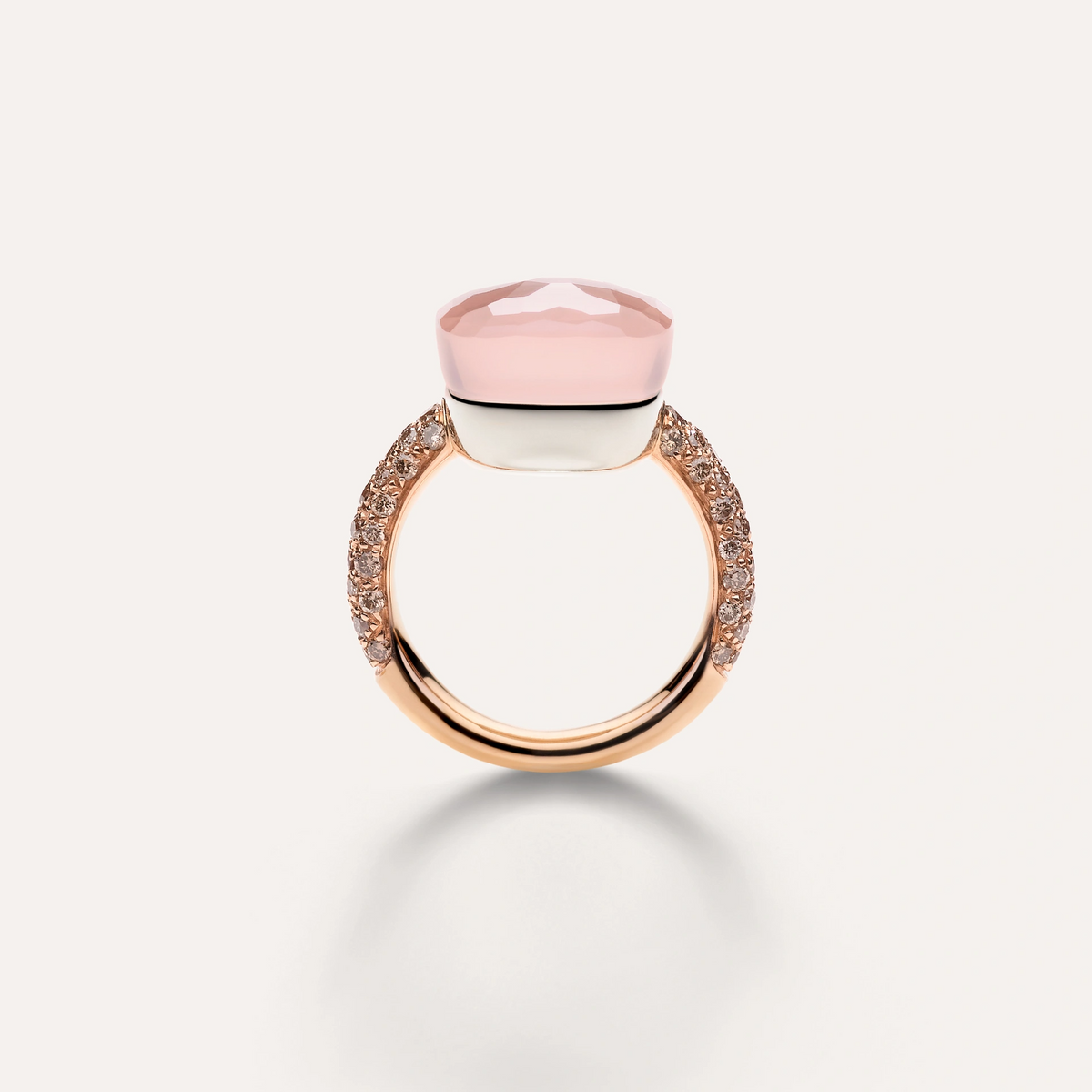 Maxi Nudo ring in 18k rose and white gold with brown diamonds and large Rose quartz