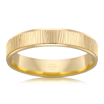 Mens 18k yellow gold wedding ring with bark cross finish