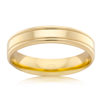 Mens Thin Wedding ring in Yellow Gold with polished surface and double line pattern