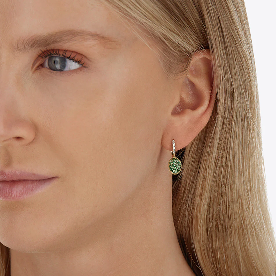 Nanis Boules 18k Gold Earrings with Green Tsavorites and Diamonds (Small) on model