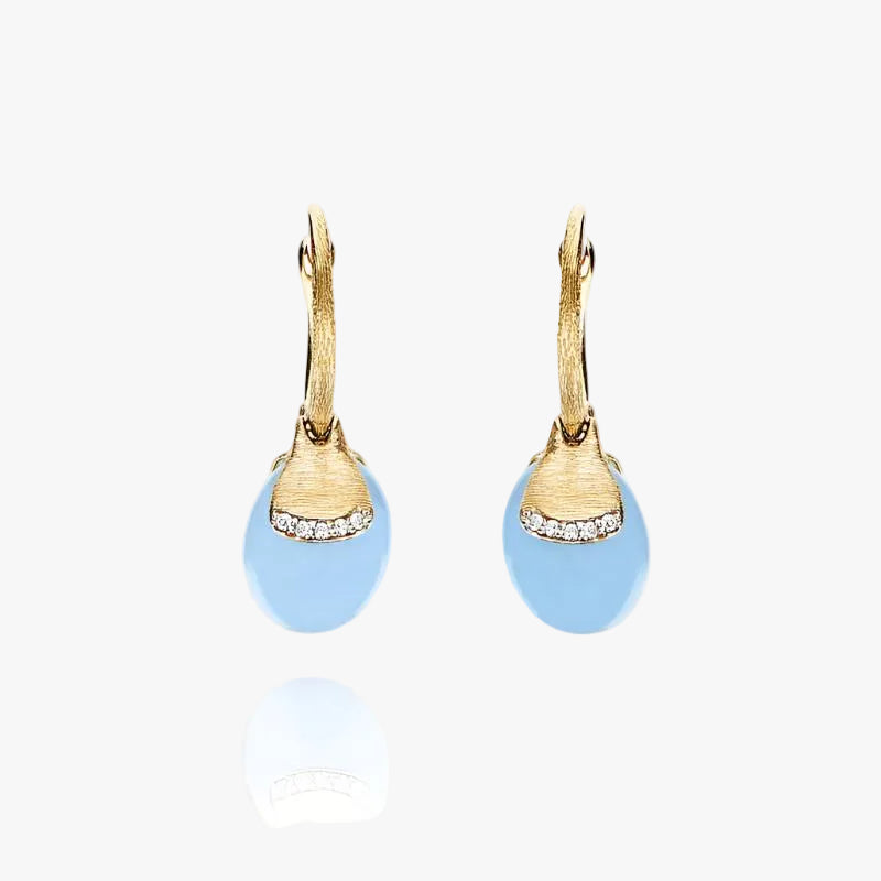gold and milky aquamarine ball drop earrings with diamonds
