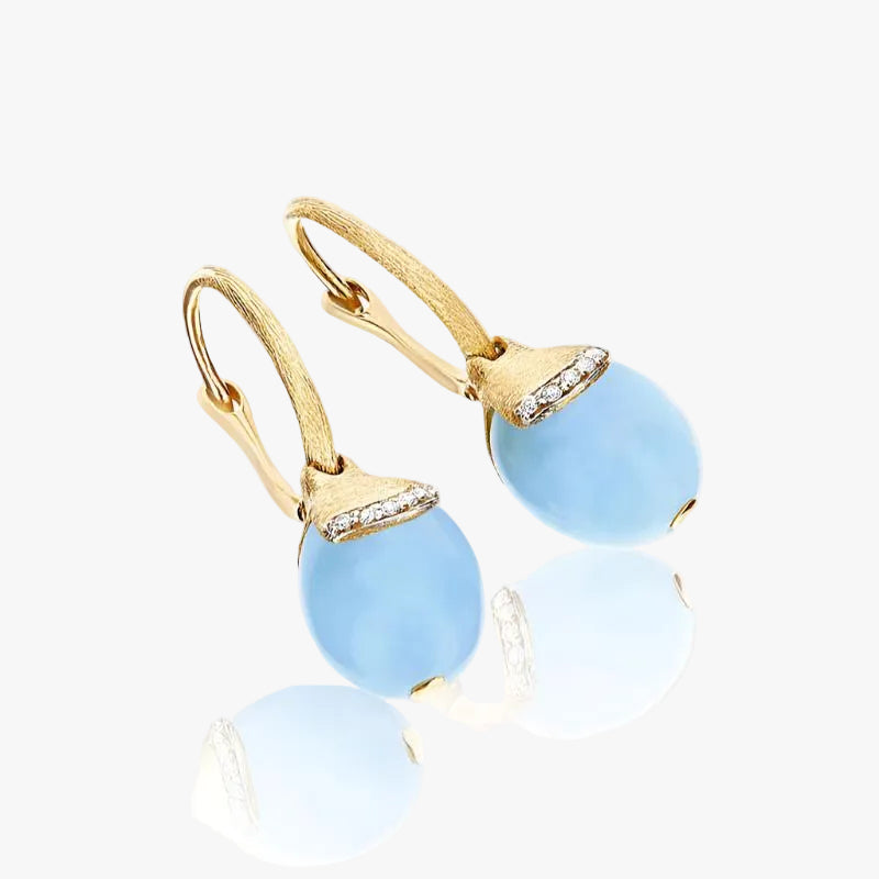 gold and milky aquamarine ball drop earrings with diamonds