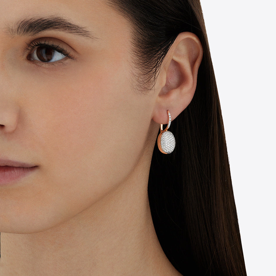 Nanis Boule Rose Gold Drop Pave Diamond Earrings - Medium - on model