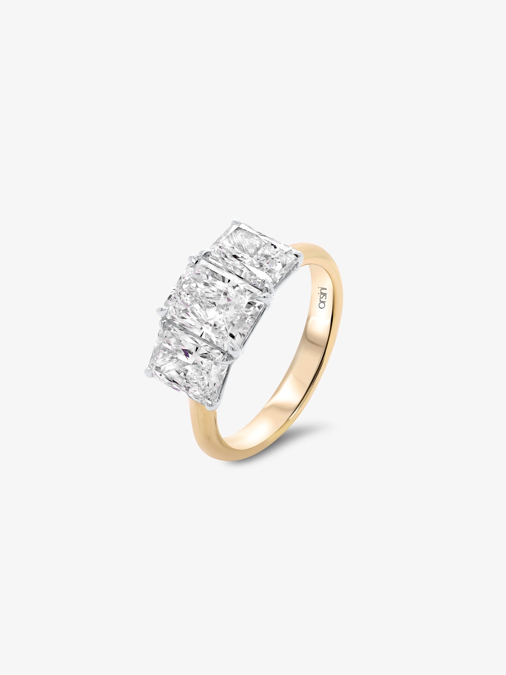 Loggia three stone radiant cut diamond engagement ring — 45 degree angle, yellow gold | Orsini