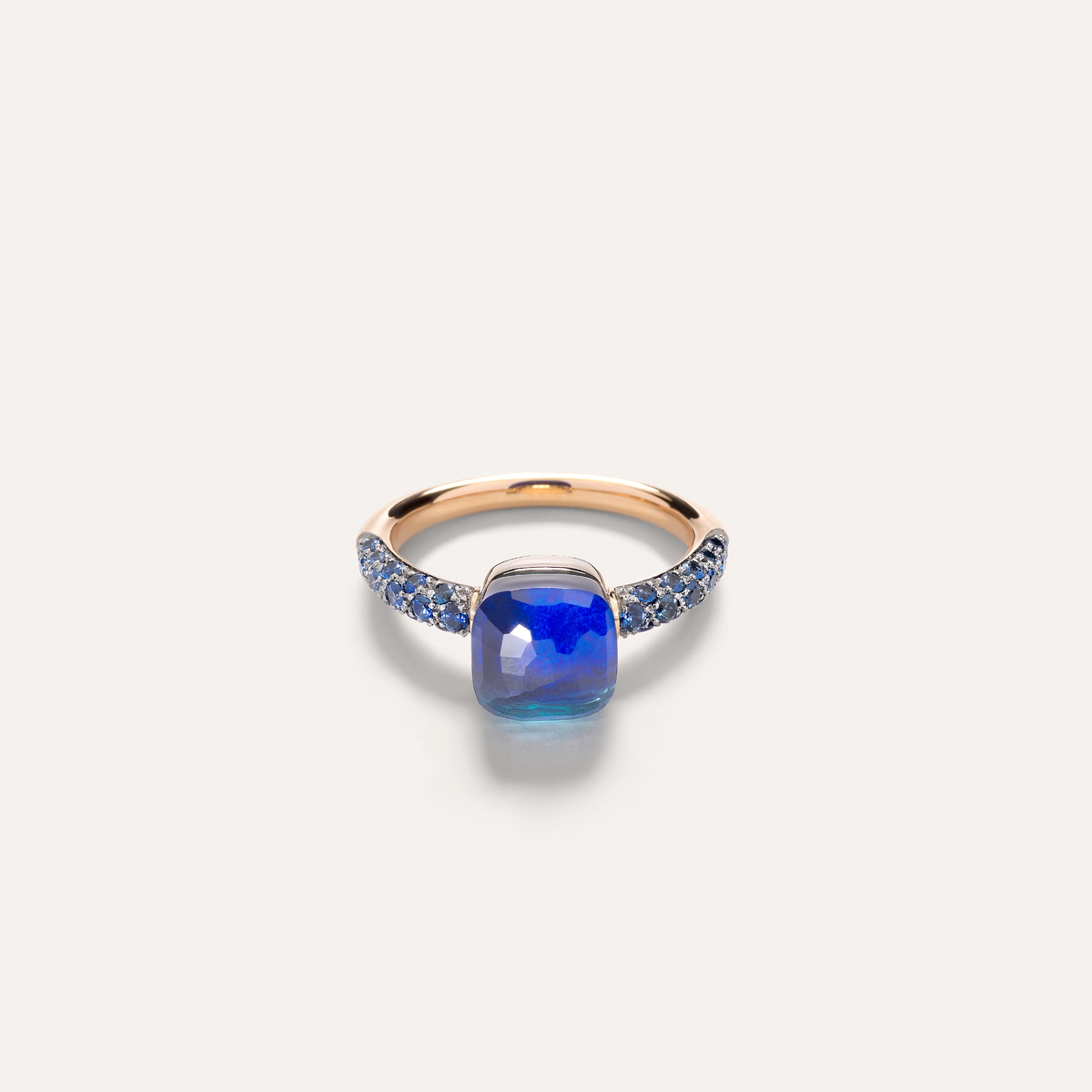 Front View Pomellato_ring-nudo-petit-rose-gold-18kt-white-gold-18kt-blue-london-topaz-lapis-lazuli-blue-sapphire
