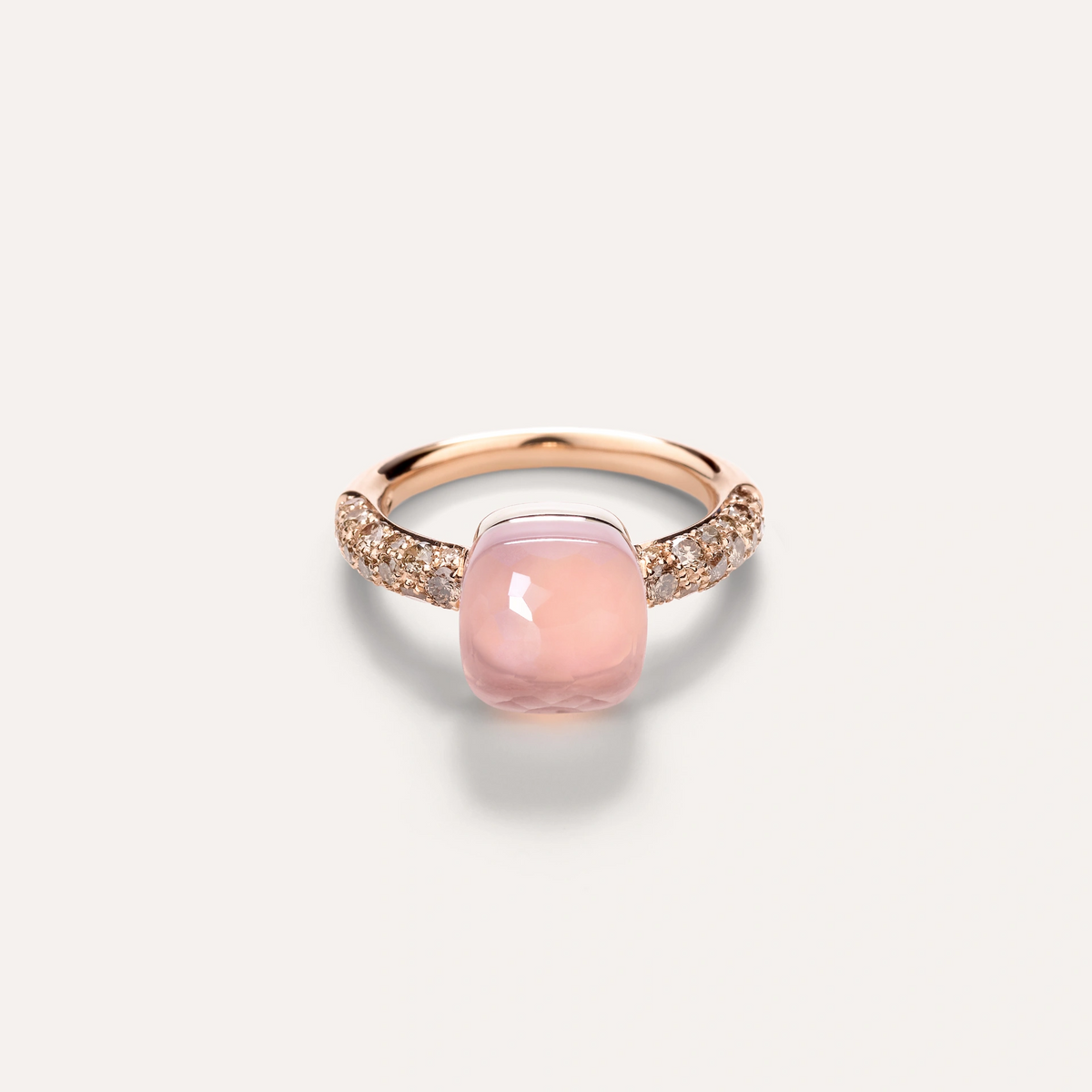 Petit Nudo Ring with Brown Diamond and 18k Rose Gold with Pink Chalcedony and Rose Quartz