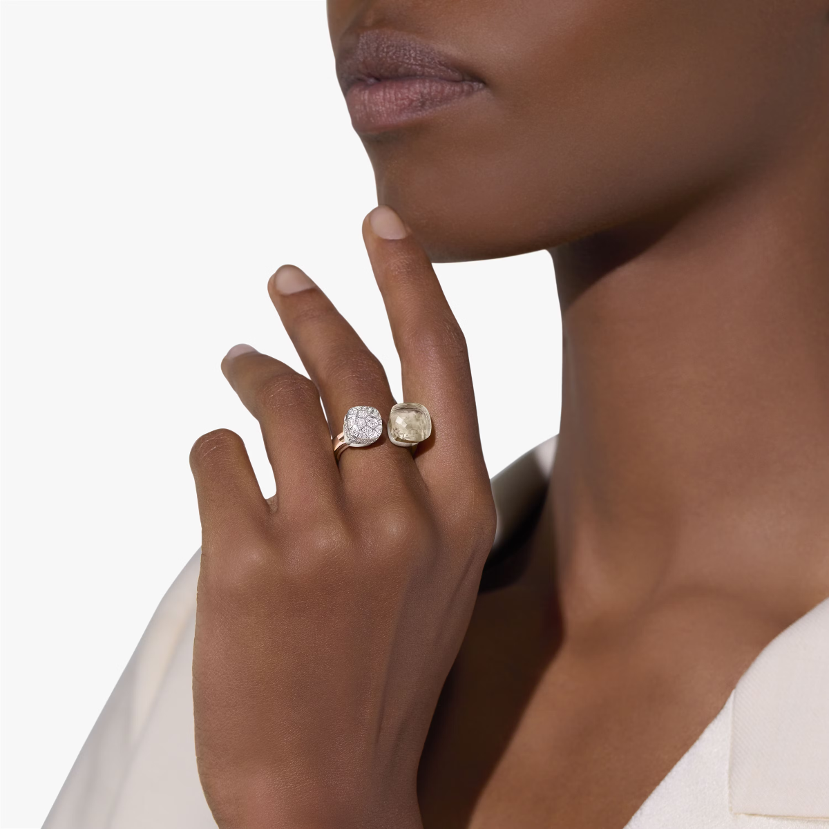 Pomellato Nudo Toi Et Moi Ring 18k Gold with White Topaz and Diamonds PAC4020_O6WHR_DB0TB