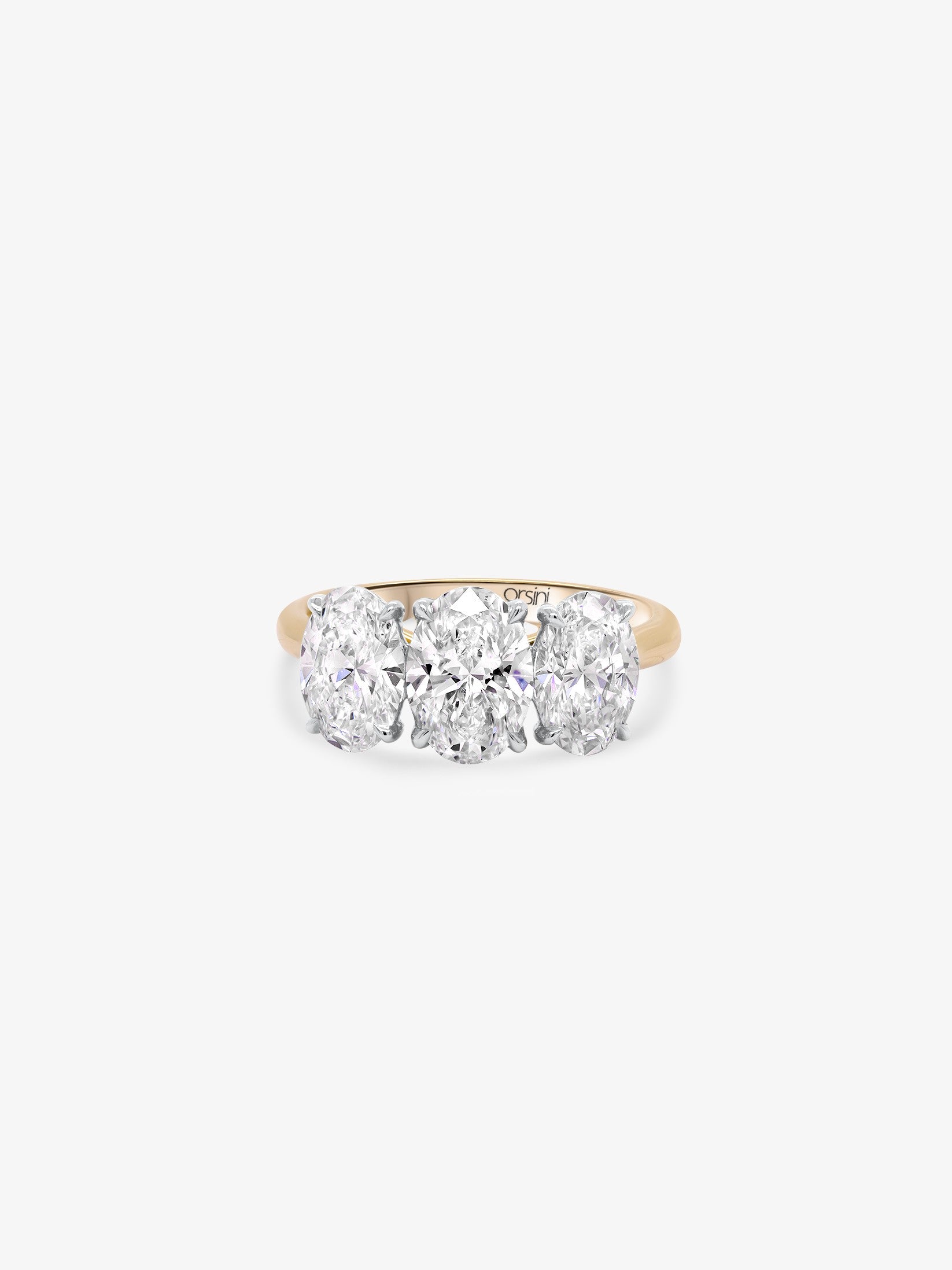 Trittico three stone oval diamond engagement ring — front view, white gold | Orsini