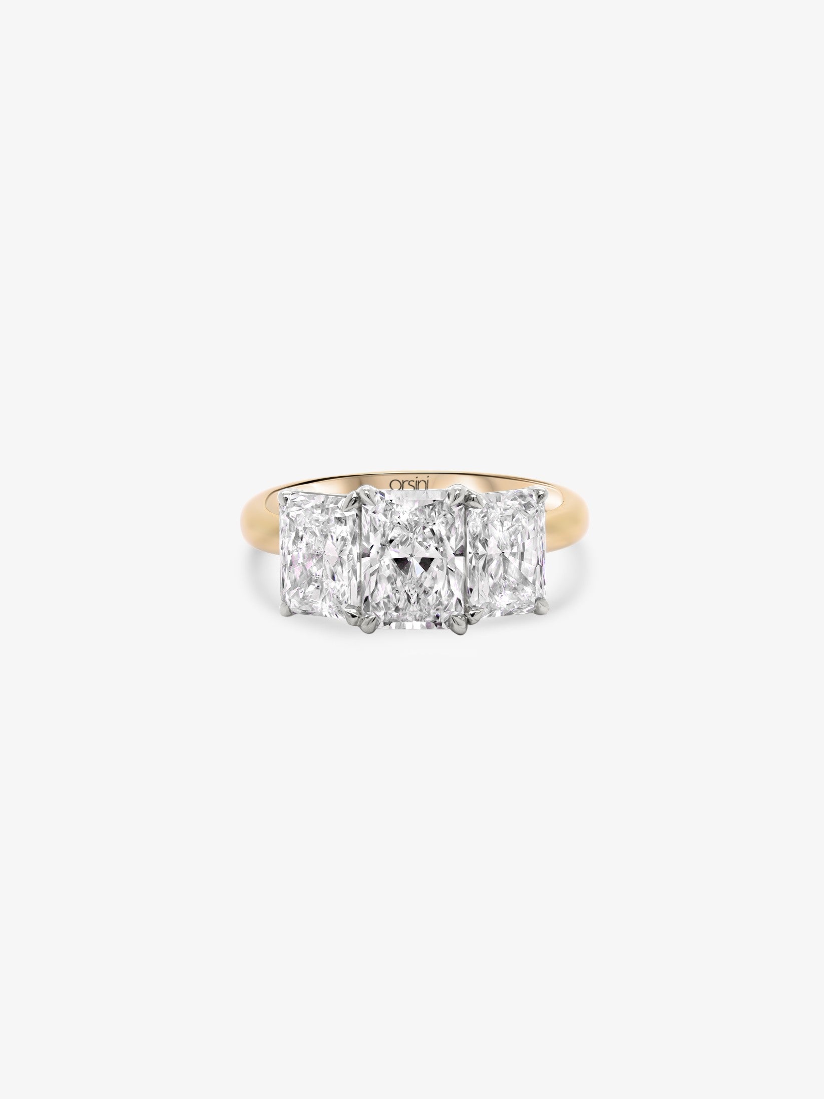 Loggia three stone radiant cut diamond engagement ring — top down view, yellow gold | Orsini