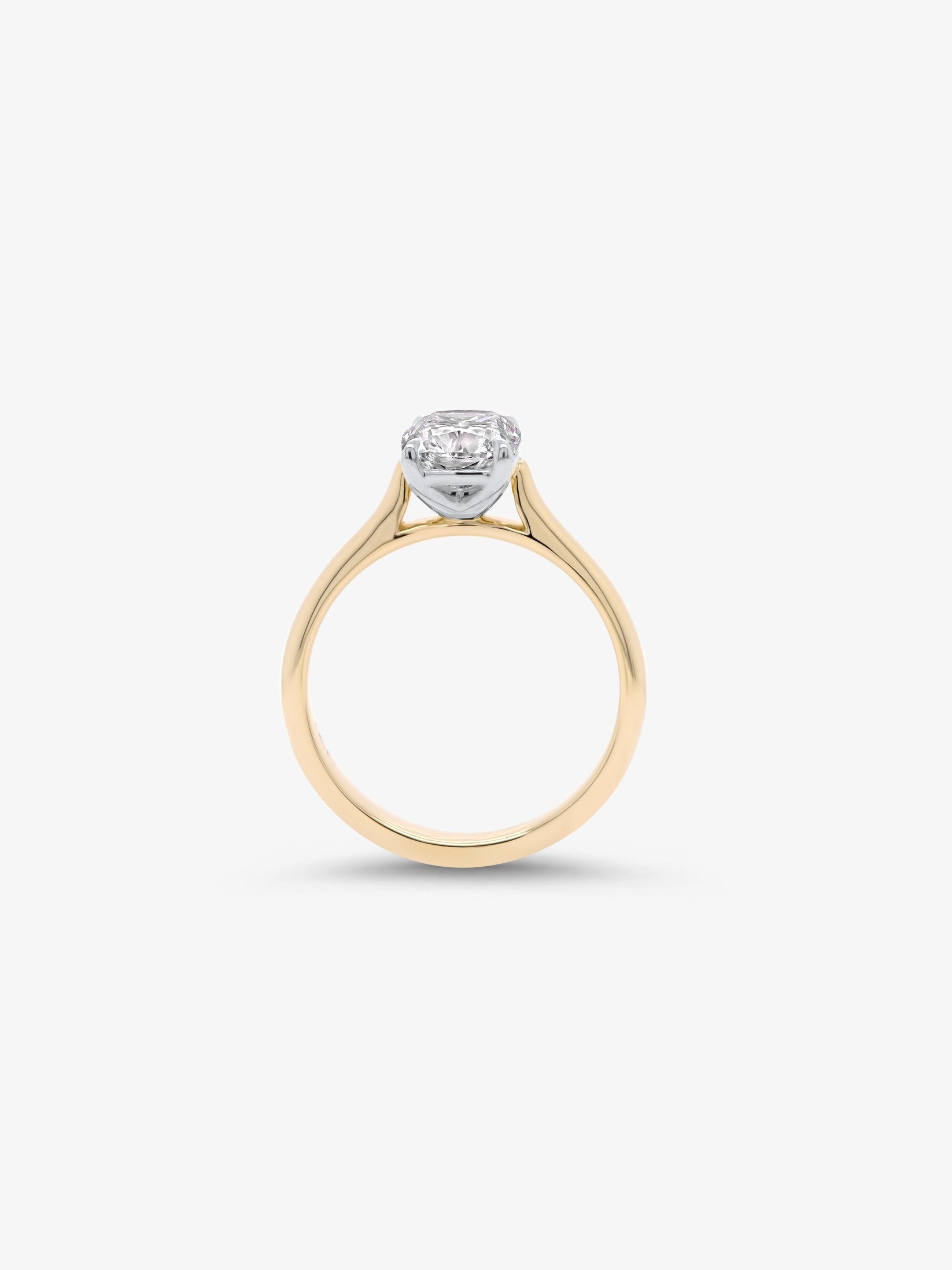 Piazza cushion cut solitaire diamond engagement ring — side profile, yellow gold | Orsini