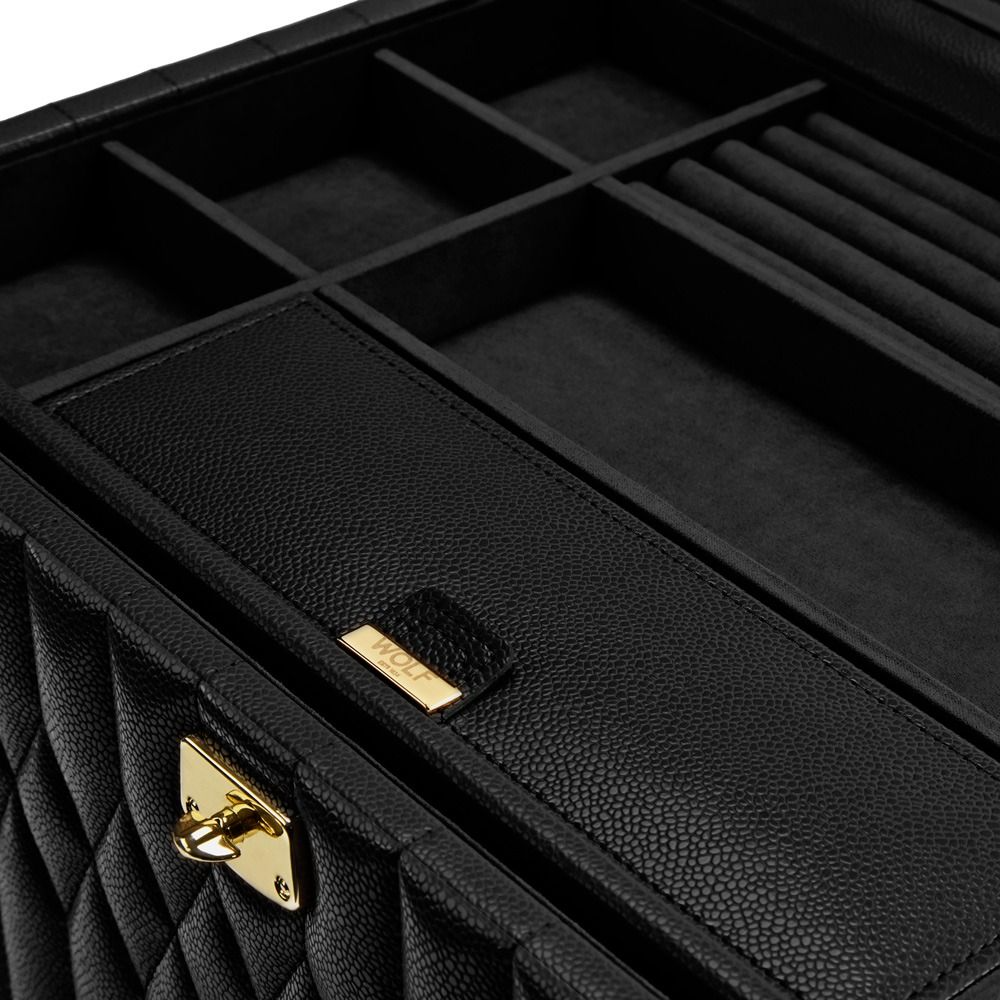 WOLF Lauren Extra Large Jewellery Box in Black, close up of open inside detail showing the quality leather and stitching
349902 orsini fine jewellery
