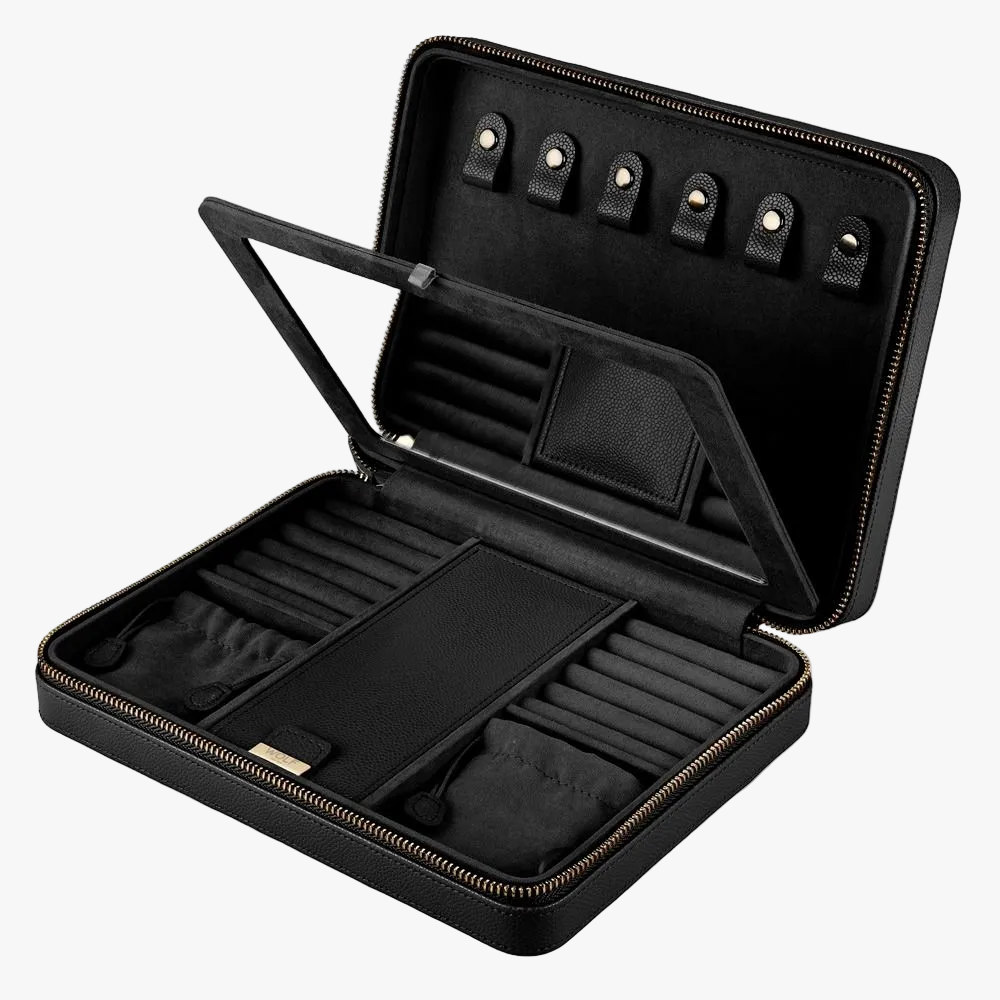 WOLF Lauren large zip jewellery case in black leather with elegant storage for rings, earrings, bracelets and necklaces. Discover luxury jewellery storage at Orsini.