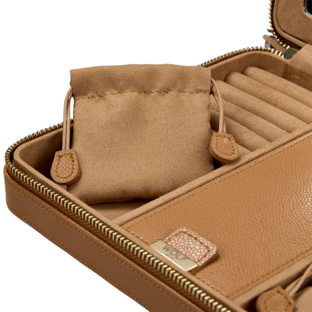 The WOLF Lauren Large Zip Jewellery Case in caramel leather little mini pouch inside