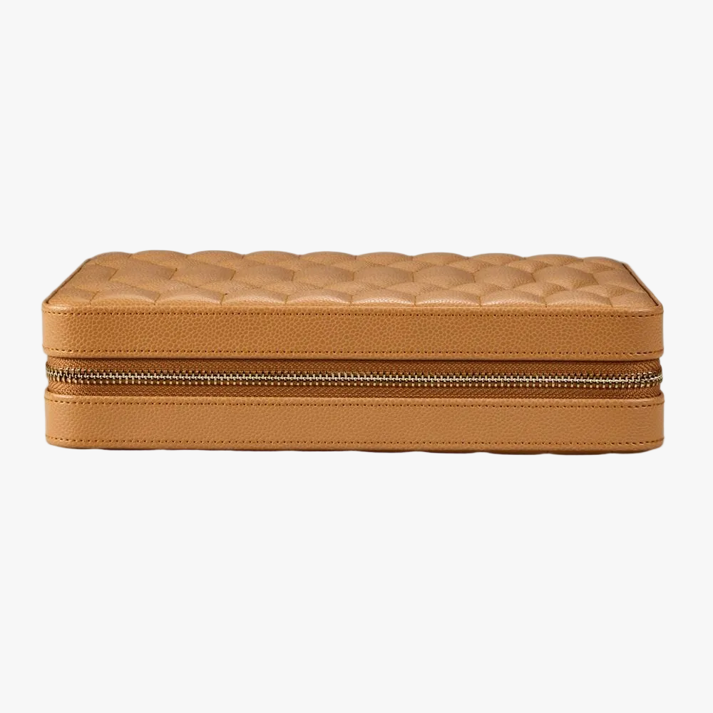 The WOLF Lauren Large Zip Jewellery Case in caramel leather offers elegant storage for your treasured jewellery at home and while travelling.