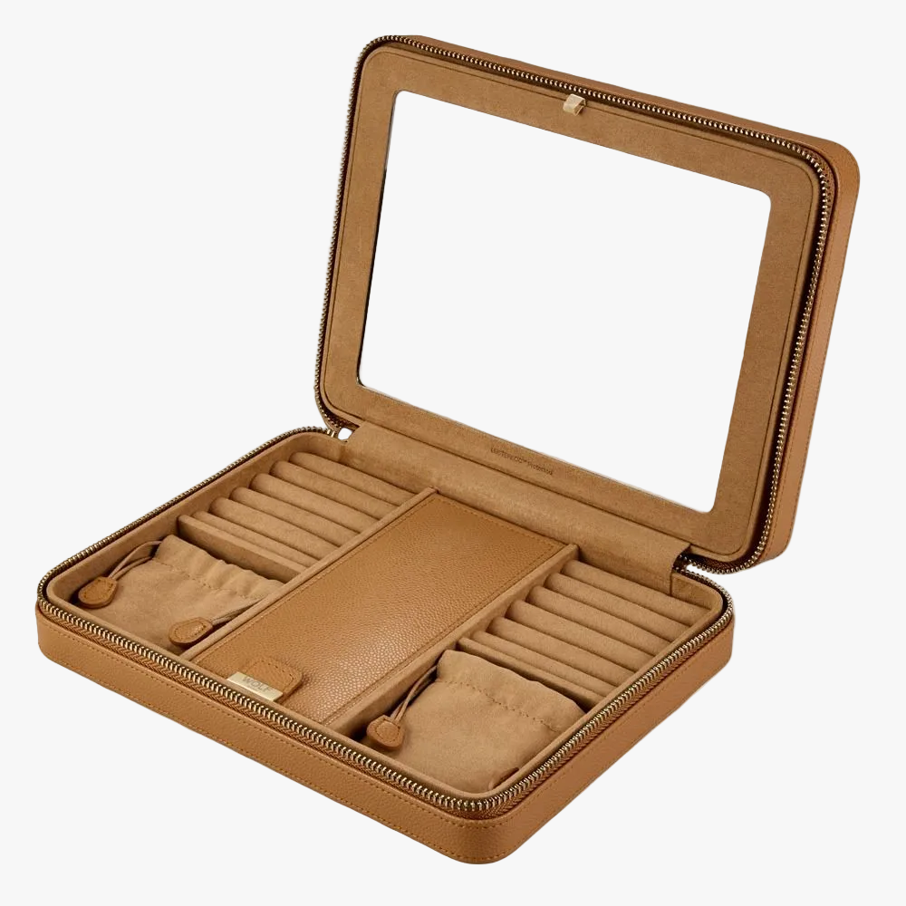 The WOLF Lauren Large Zip Jewellery Case in caramel leather offers elegant storage for your treasured jewellery