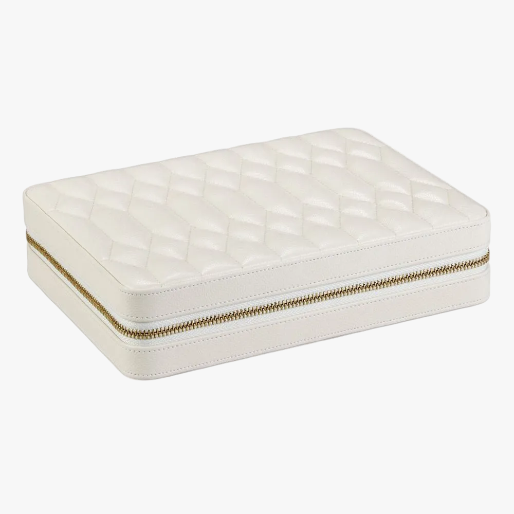 WOLF Lauren large zip jewellery case in ivory leather with elegant storage for rings, earrings, bracelets and necklaces. Discover luxury jewellery storage at Orsini.