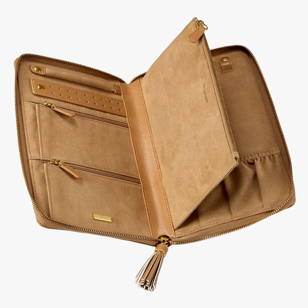WOLF Lauren jewellery portfolio in caramel leather with elegant storage for rings, earrings and necklaces. Discover luxury jewellery travel accessories at Orsini.