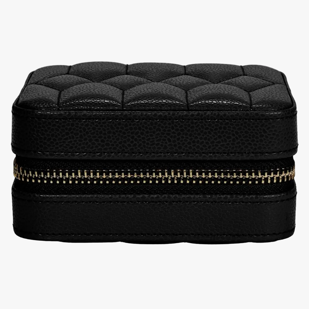 WOLF Lauren small zip jewellery case in black leather with elegant storage for rings, earrings, bracelets and necklaces.