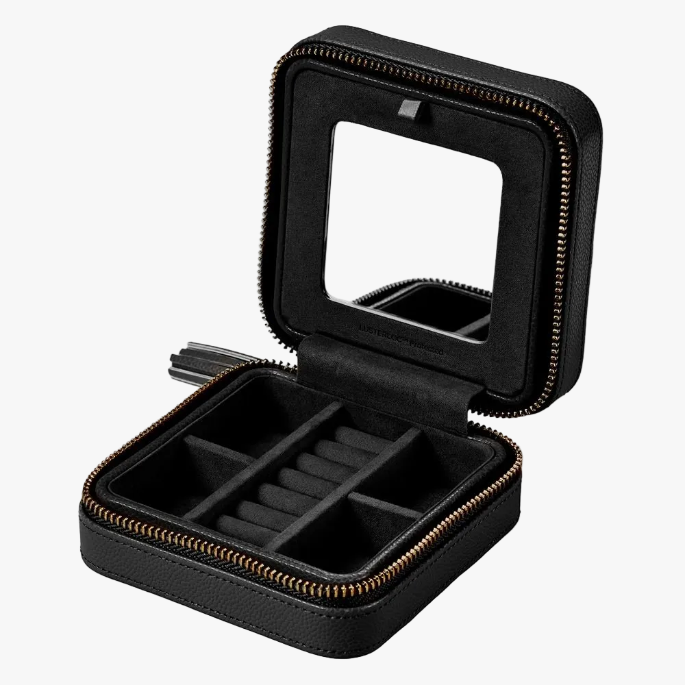 WOLF Lauren small zip jewellery case in black leather with elegant storage for rings, earrings, bracelets and necklaces.