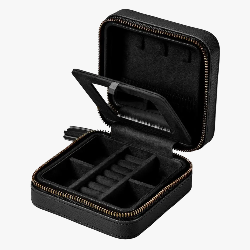 WOLF Lauren small zip jewellery case in black leather with elegant storage for rings, earrings, bracelets and necklaces. Discover luxury jewellery storage at Orsini.
