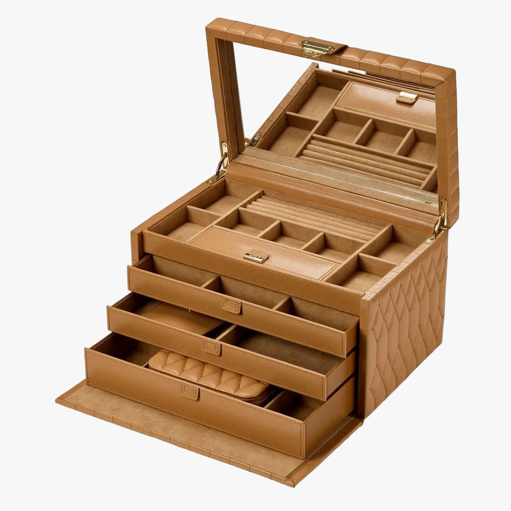 WOLF Lauren jewellery box in caramel leather with LusterLoc™ lining, removable travel case and refined jewellery storage. Discover at Orsini.