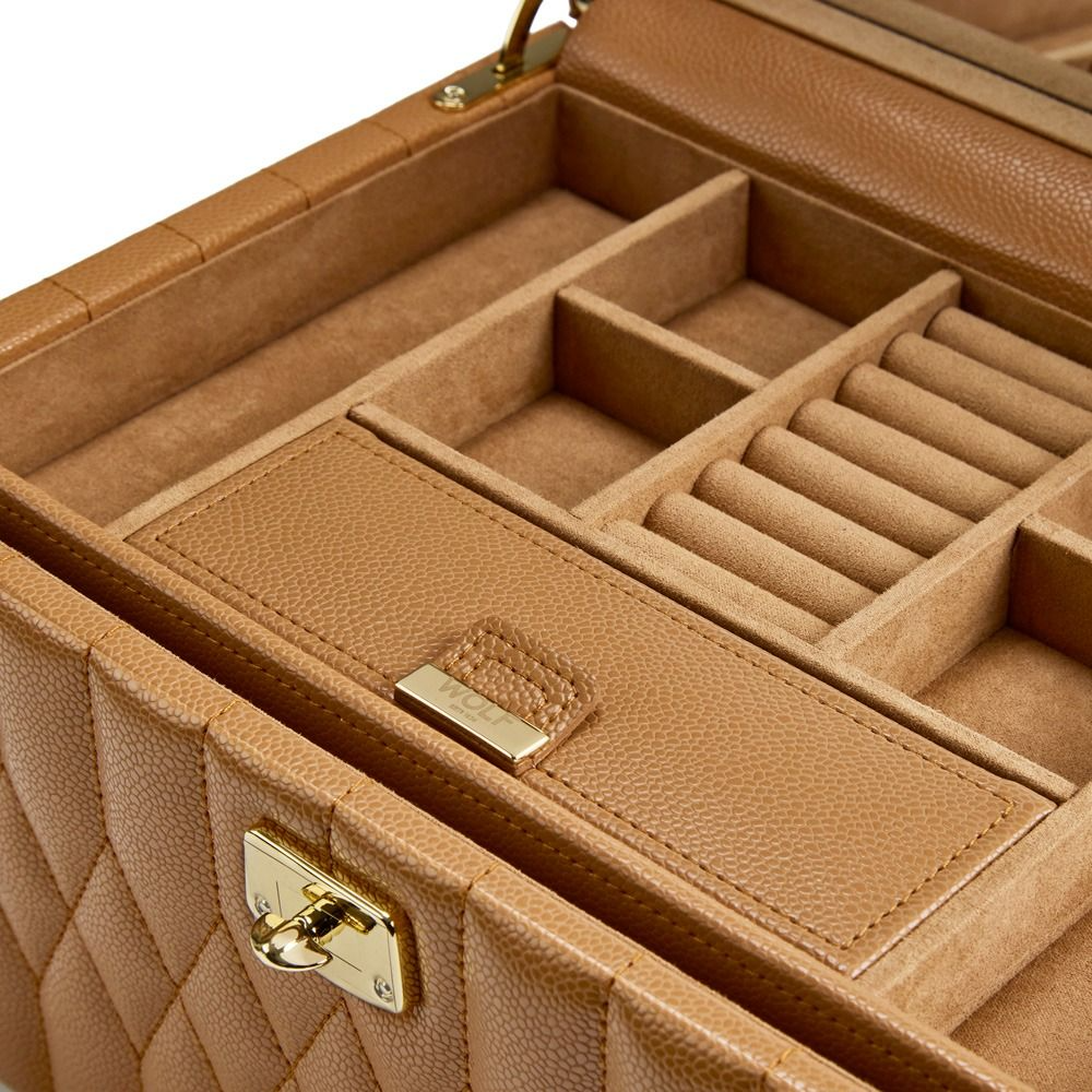 WOLF Lauren medium jewellery box in caramel leather with travel case and LusterLoc™ lining. Elegant jewellery storage from Orsini Fine Jewellery Auckland.