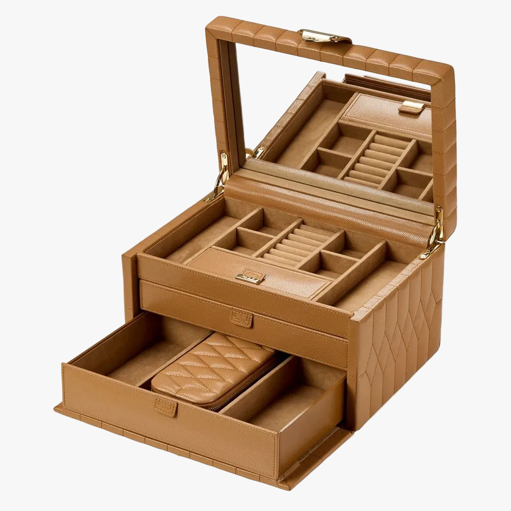 WOLF Lauren medium jewellery box in caramel leather with travel case and LusterLoc™ lining. Elegant jewellery storage from Orsini Fine Jewellery Auckland.