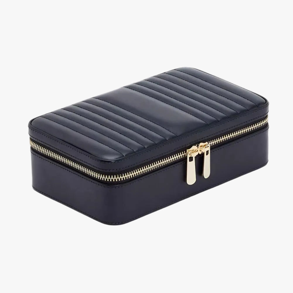 The WOLF Maria Medium Zip Jewellery Case is crafted from supple leather with refined gold-tone hardware and a patented LusterLoc™ lining that helps protect jewellery from tarnishing for up to 35 years. Designed for elegant organisation, it provides dedicated storage for rings, earrings, necklaces and treasured keepsakes at home or while travelling.