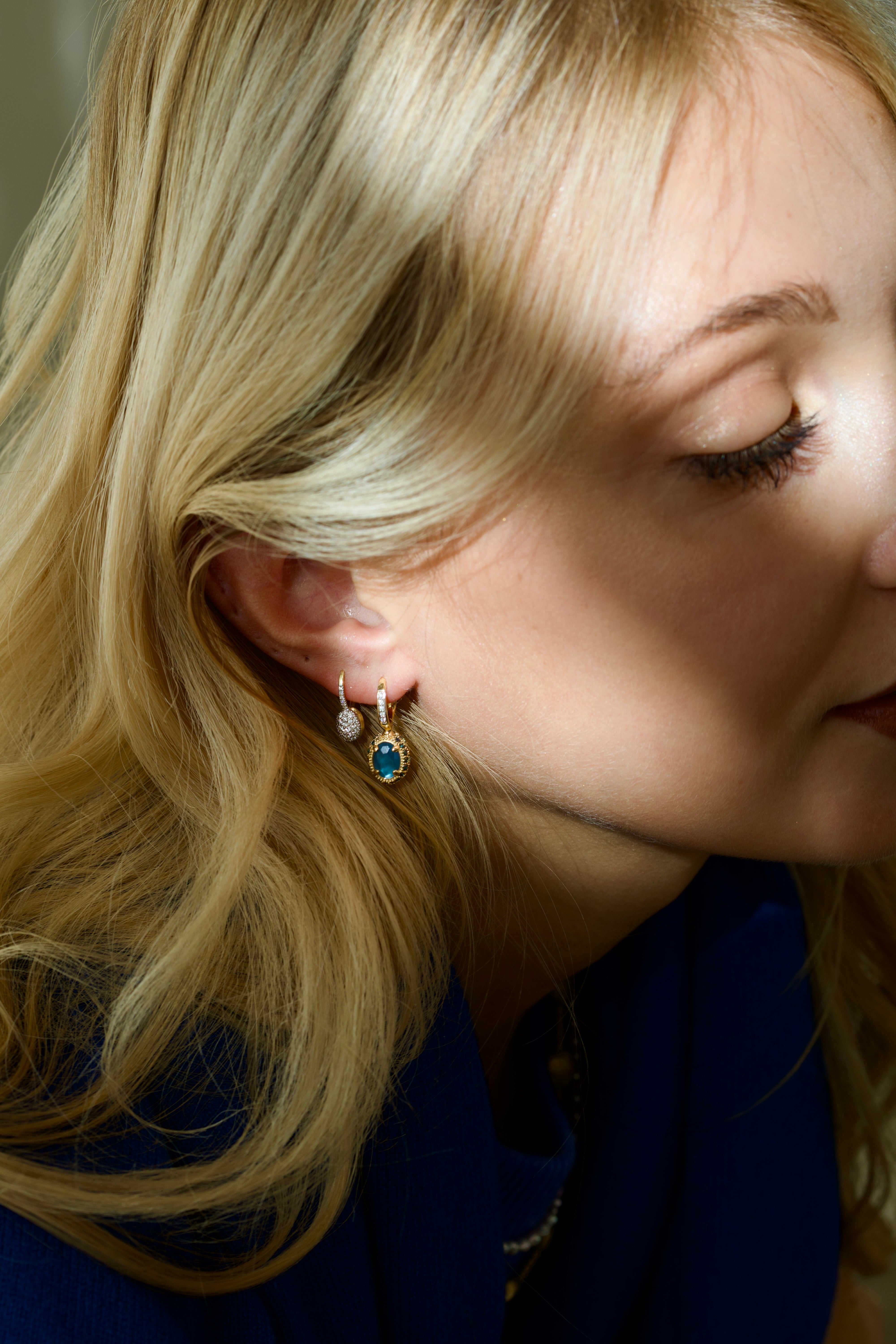Nanis Reverse Gold, Blue Diamonds, Swiss Blue Topaz, Green Sapphires and London Blue Topaz Double Face Ball Drop Earrings (Small)