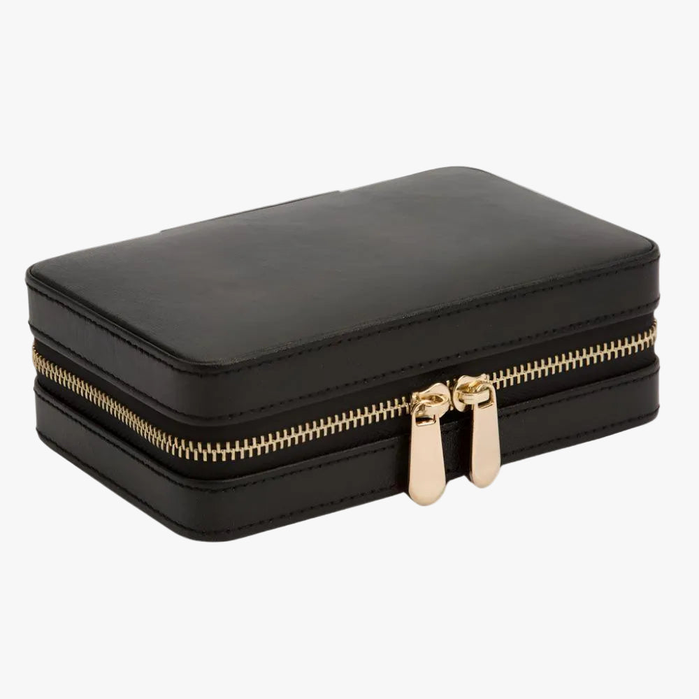 Discover the WOLF Palermo Zip Jewellery Case in black leather with LusterLoc™ anti-tarnish lining for elegant jewellery storage. Available at Orsini Auckland.