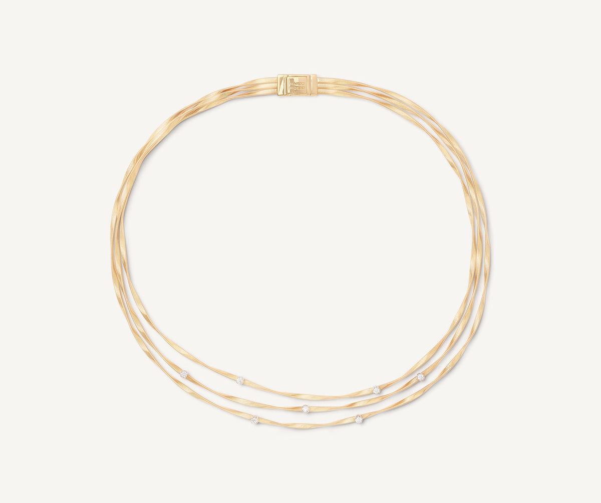 18k yellow gold three strand necklace with diamonds designed by Marco Bicego on white background