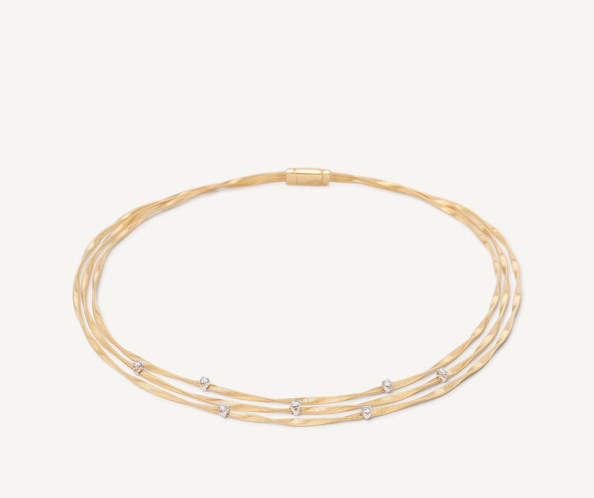 Three strand yellow gold with diamonds necklace Marrakech collection designed by Marco Bicego