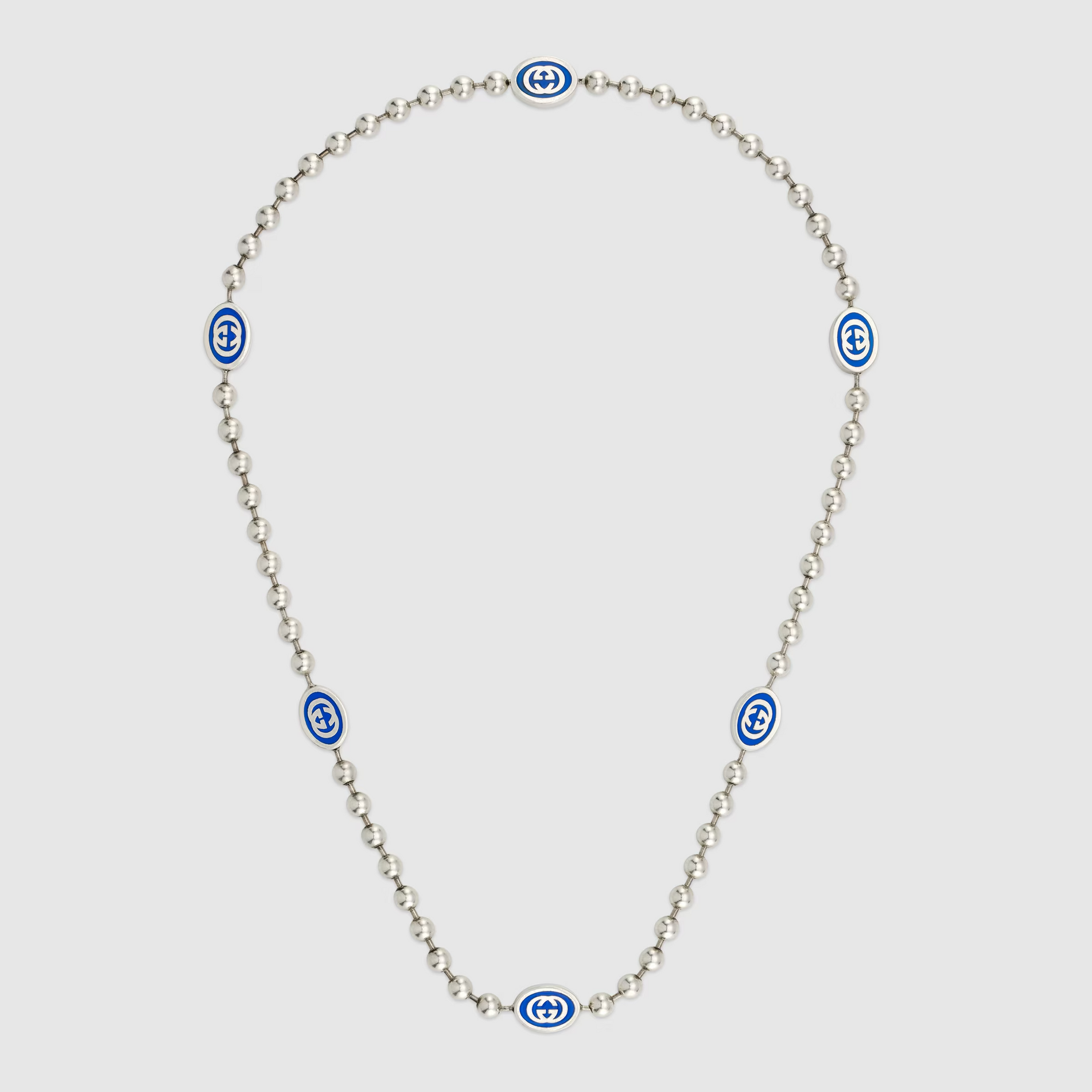 Gucci Interlocking G Boule Chain Necklace in Silver with Blue Enamel - Orsini Jewellers