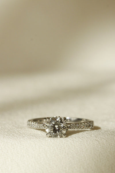 Vertical image of round engagement ring set in four claws with gradual diamonds set on band taken on white fabric Bernini setting 